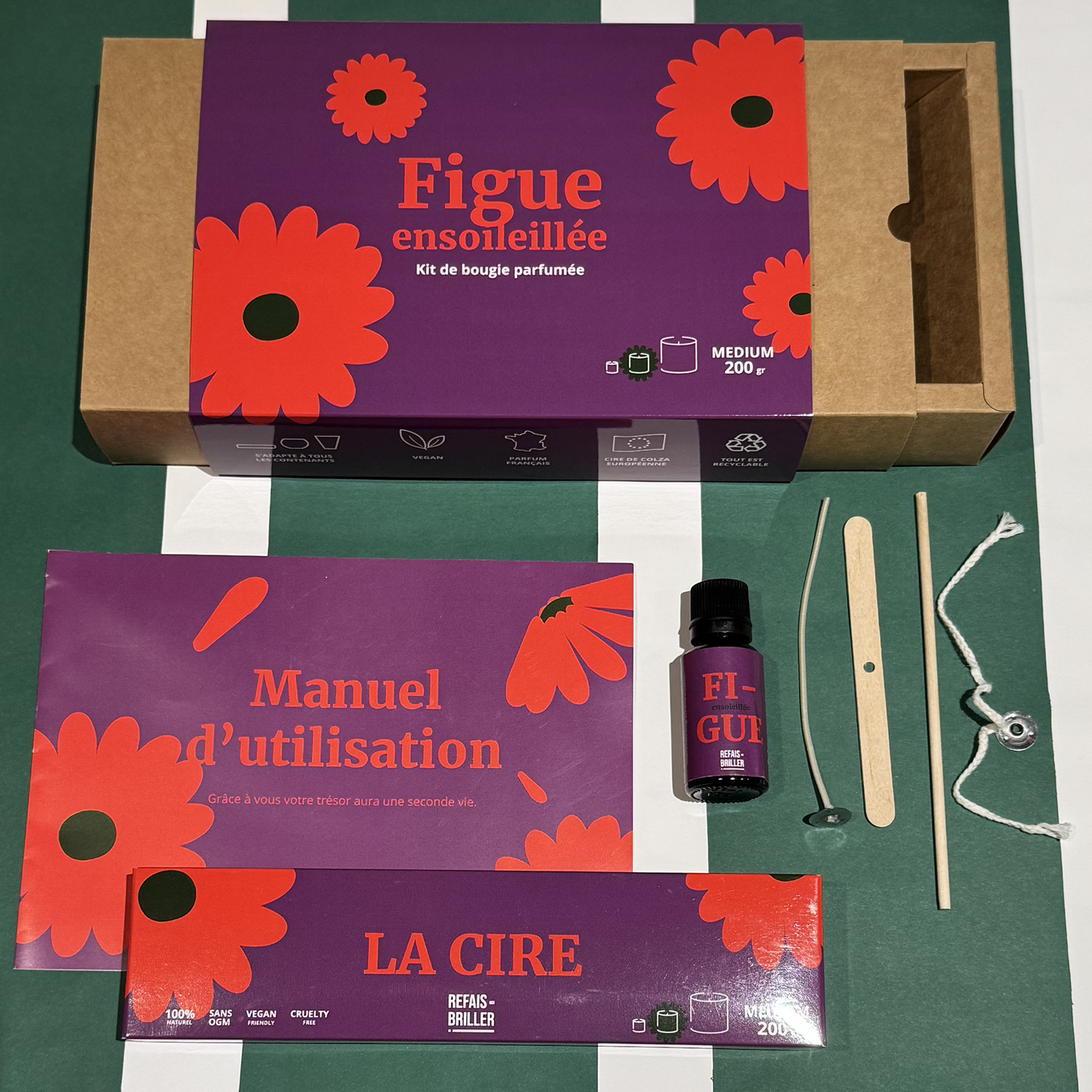 Kit de bougie parfumée Figue Ensoleillée. Cette activité créative, qui vous fera voyager grâce au parfum de figue et vous offrira une décoration originale.