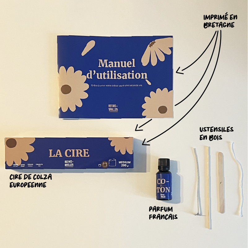 Kit de bougie parfumée Coton tout doux avec cire de colza européenne, parfum coton français, ustensiles en bois et manuel imprimé en Bretagne, pour une décoration originale et une bougie de qualité
