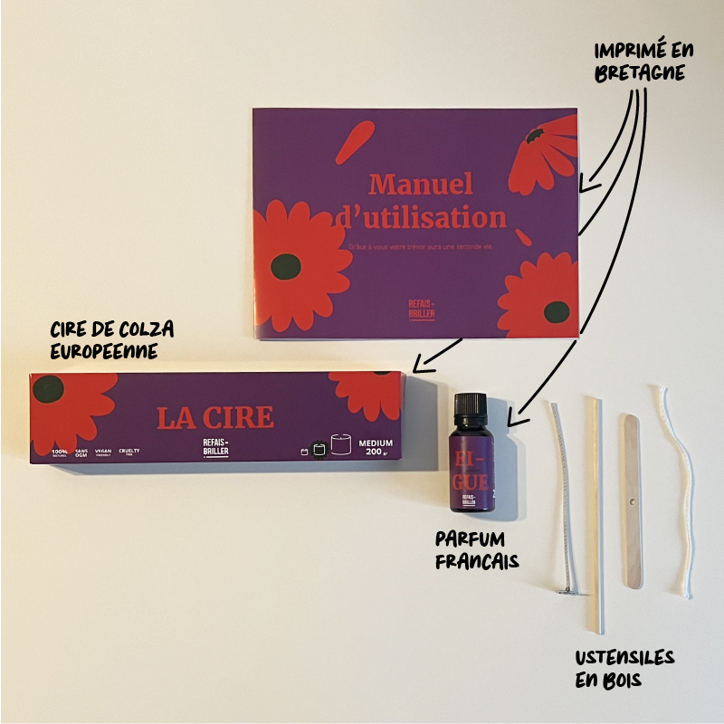 Kit de bougie parfumée Figue Ensoleillée avec cire de colza européenne, parfum figue français, ustensiles en bois et manuel imprimé en Bretagne, pour une décoration originale et une bougie de qualité